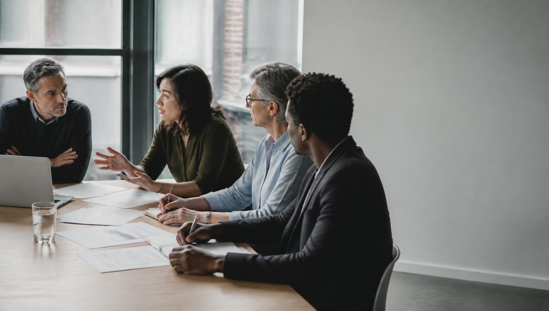 Cuatro ejecutivos en una conversación estratégica alrededor de una mesa de trabajo con documentos